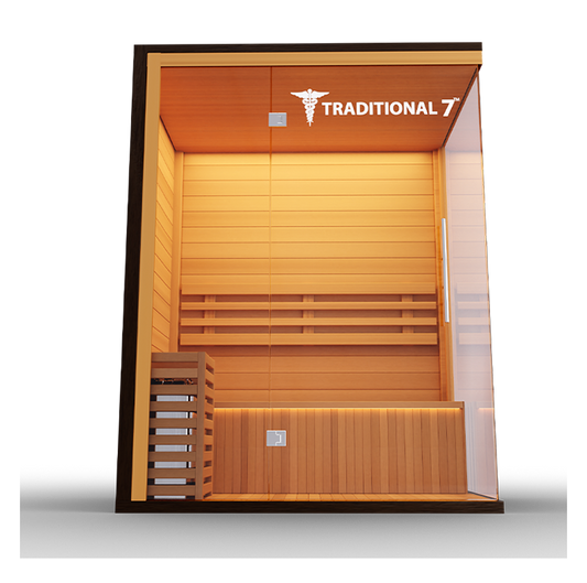 Medical Sauna Traditional 7 3-Person Indoor Steam Sauna, Canadian Hemlock with Two-Wall Glass Design, 4.5 kW Heater and LED Touch Controls