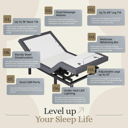 Sven & Son Classic Adjustable Bed Base, Head and Foot Lift, Massage, Under-Bed Lights, USB, Gel Memory, Zero Gravity Smart Frame - Twin XL + 12 Inch Memory Foam Matt (Medium)