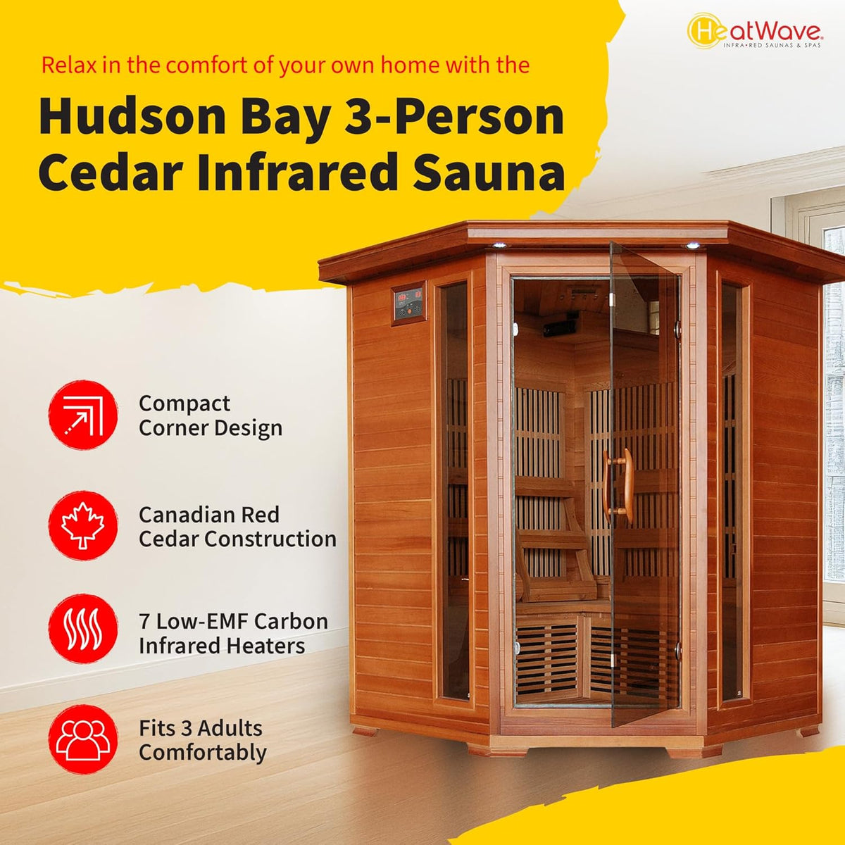 HEATWAVE Hudson Bay 3 Person Cedar Infrared Wood Sauna for Home Relaxation & Detox – Indoor Sauna with 7 Carbon Heaters, Chromotherapy Lighting, Oxygen Ionizer, & Built-In Stereo Sound System