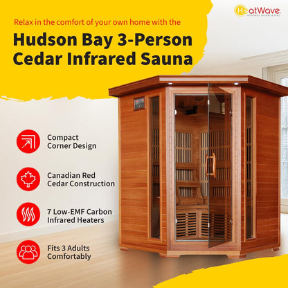 HEATWAVE Hudson Bay 3 Person Cedar Infrared Wood Sauna for Home Relaxation & Detox – Indoor Sauna with 7 Carbon Heaters, Chromotherapy Lighting, Oxygen Ionizer, & Built-In Stereo Sound System