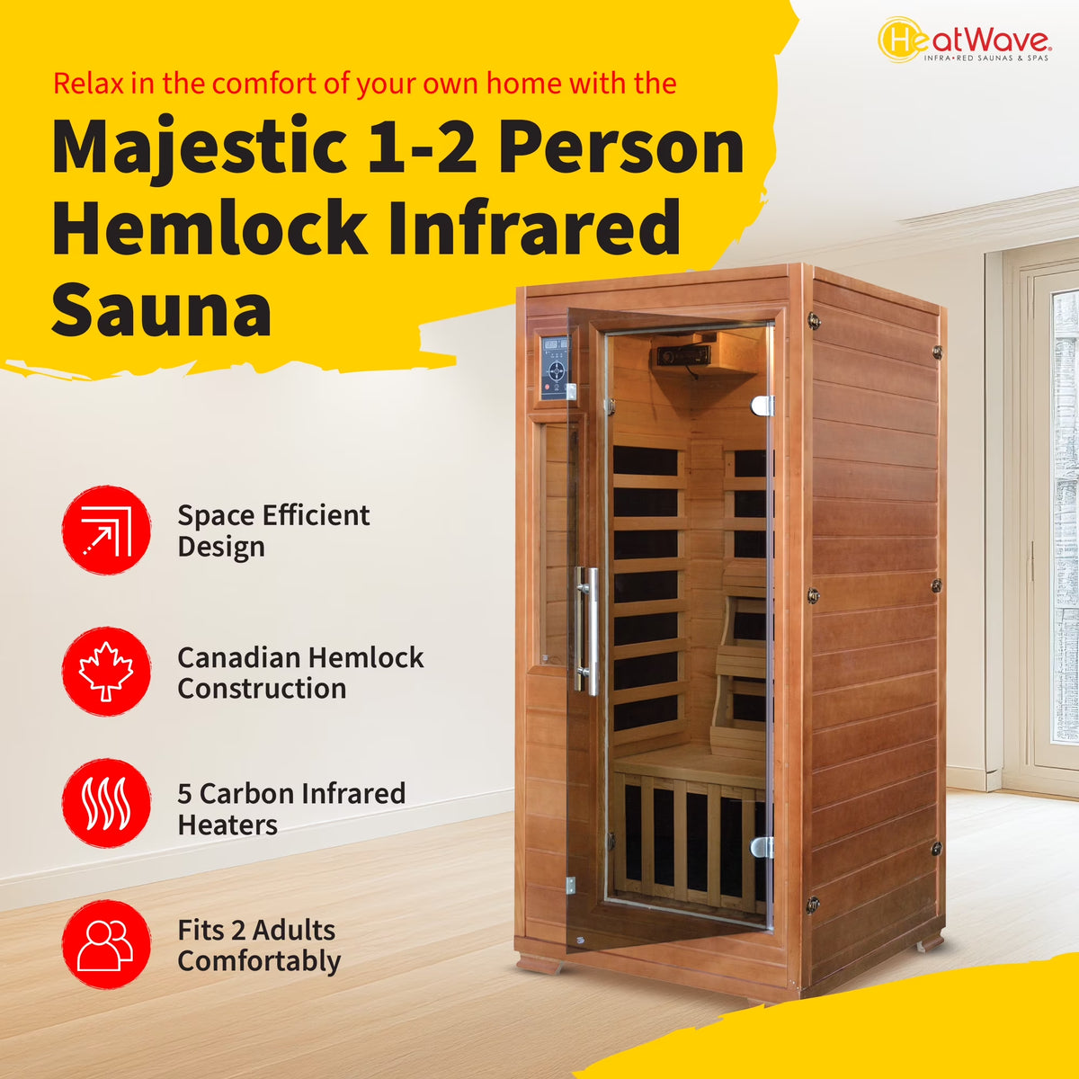Heatwave 1-2 Person Hemlock Infrared Sauna W/ 5 Carbon Heaters