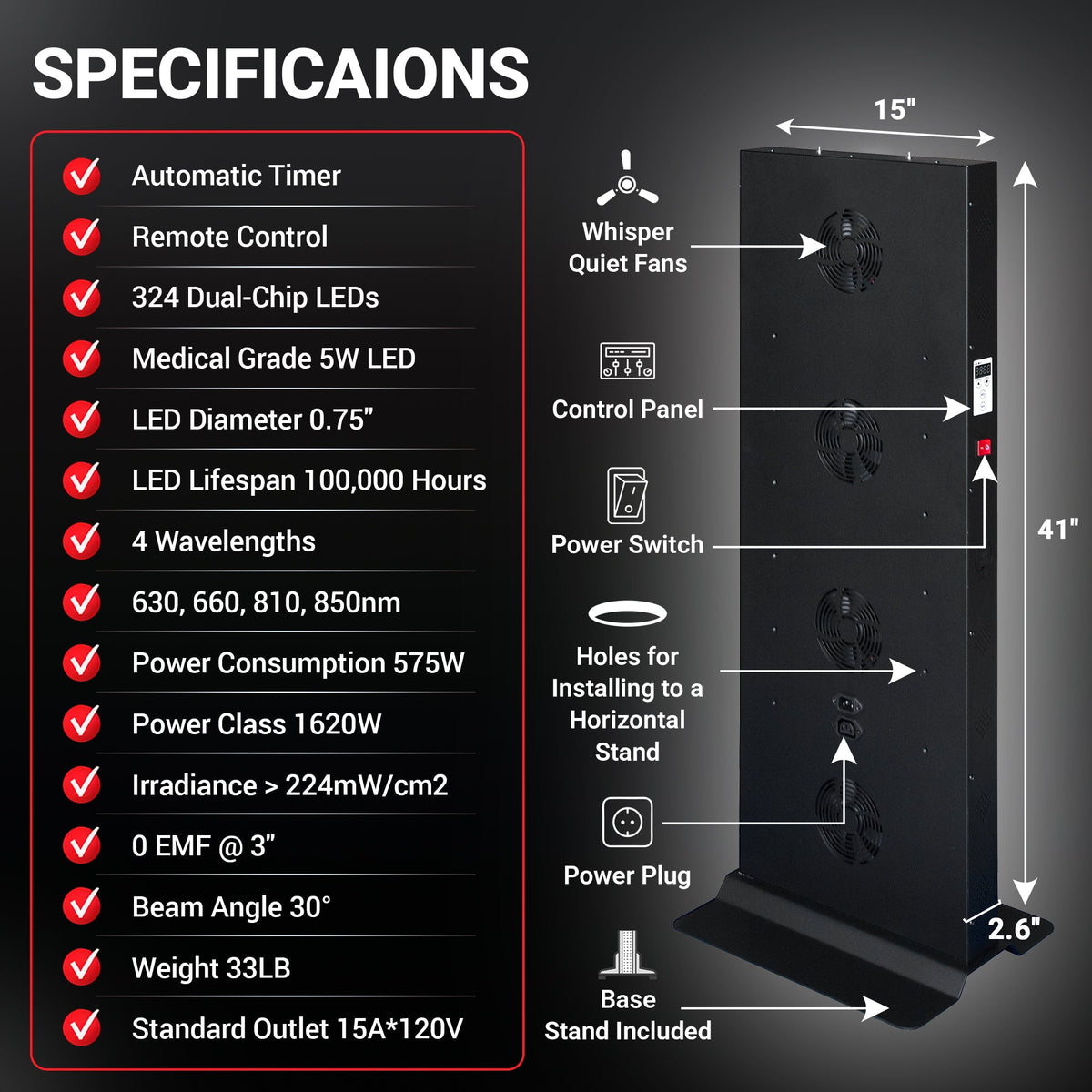 EXESAS 324 LED Red and Near-Infrared Light Panel, 4 Wavelengths 630/660/810/850 nm, Dual-Chip 5 W LEDs, 41 x 15 in. Panel with Base Stand, Hanging Kit, Remote and Timer (470 W)