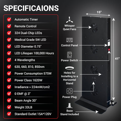 EXESAS 324 LED Red and Near-Infrared Light Panel, 4 Wavelengths 630/660/810/850 nm, Dual-Chip 5 W LEDs, 41 x 15 in. Panel with Base Stand, Hanging Kit, Remote and Timer (470 W)