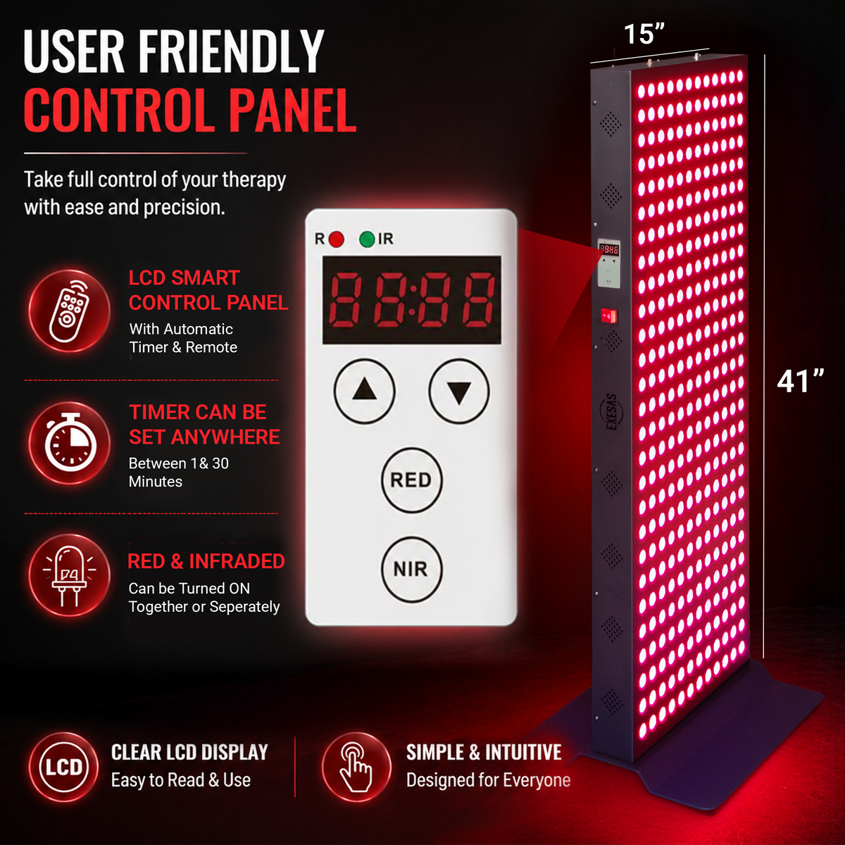 EXESAS 324 LED Red and Near-Infrared Light Panel, 4 Wavelengths 630/660/810/850 nm, Dual-Chip 5 W LEDs, 41 x 15 in. Panel with Base Stand, Hanging Kit, Remote and Timer (470 W)