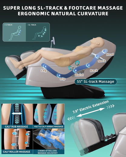Massage Chair 4D Full Body Zero Gravity 55" Long Sl-Track,Grey