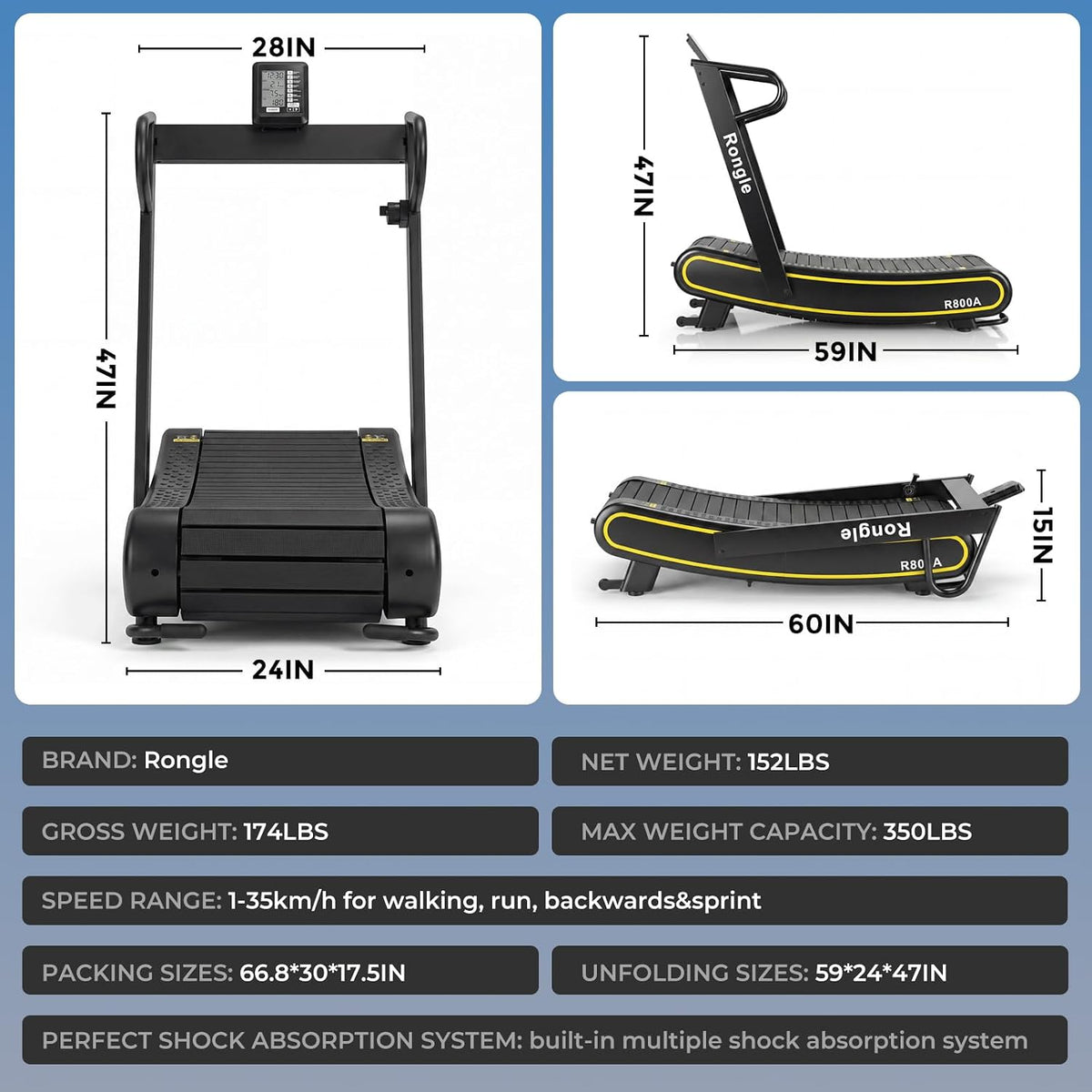 Manual Treadmill, Adjustable Resistance, Foldable, LED Display, Supports up to 350 Lbs
