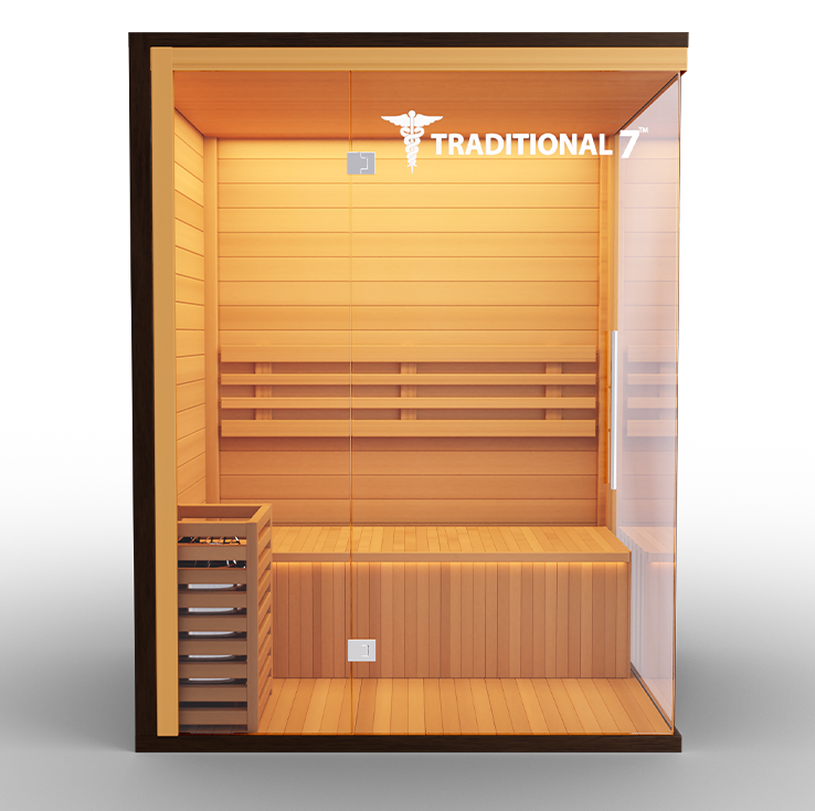 Medical Sauna Traditional 7 3-Person Indoor Steam Sauna, Canadian Hemlock with Two-Wall Glass Design, 4.5 kW Heater and LED Touch Controls
