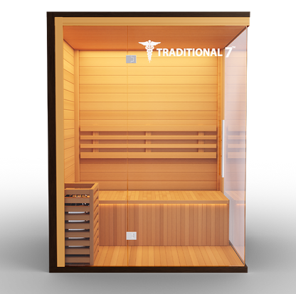 Medical Sauna Traditional 7 3-Person Indoor Steam Sauna, Canadian Hemlock with Two-Wall Glass Design, 4.5 kW Heater and LED Touch Controls
