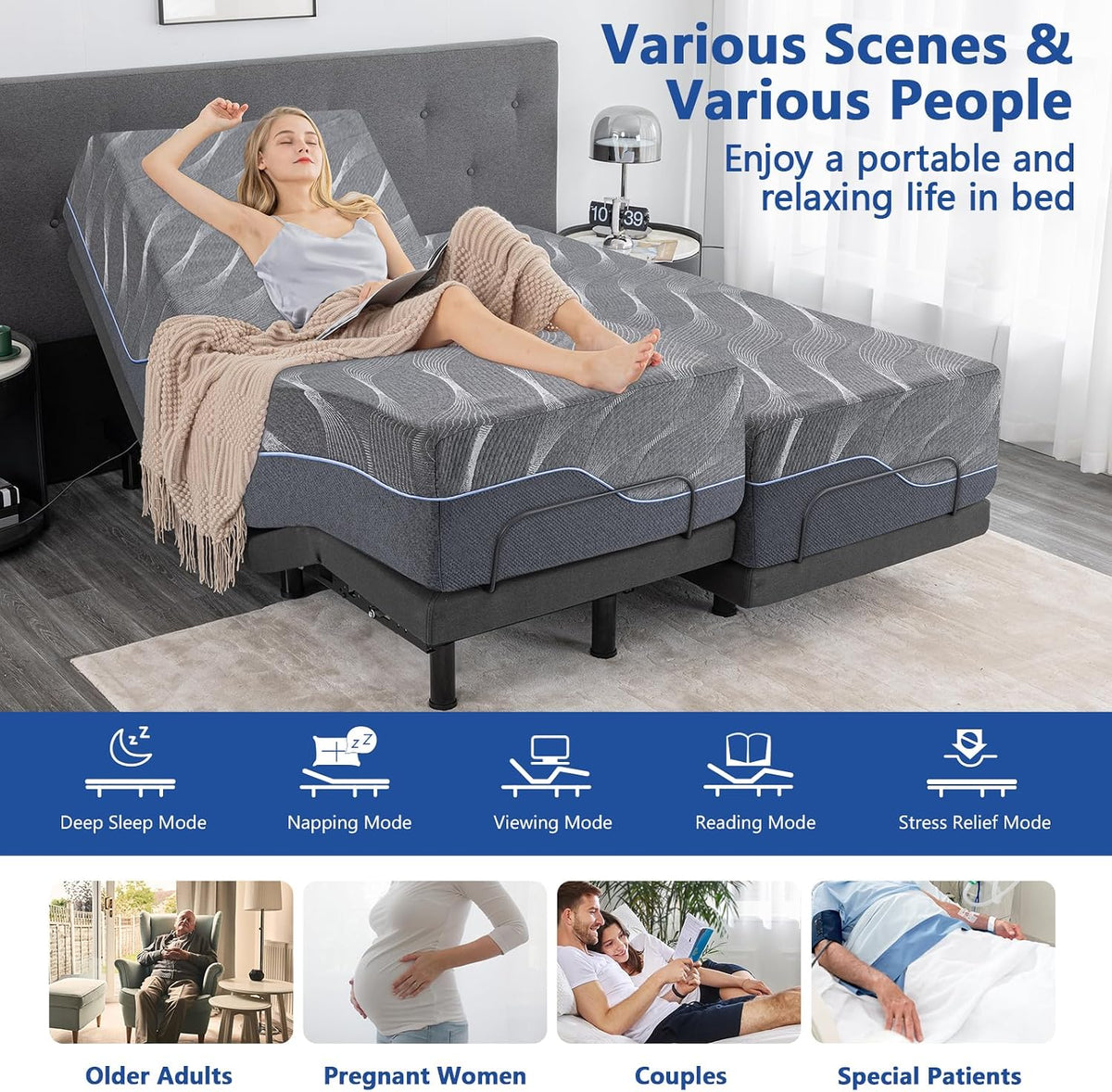 Split King Adjustable Bed Frame with Mattress,12 Inch Grey Gel Memory Foam Medium-Firm Mattress in Box, Bed Base with Anti-Snore/0 Gravity,Separate Head/Foot Lift, Child Lock