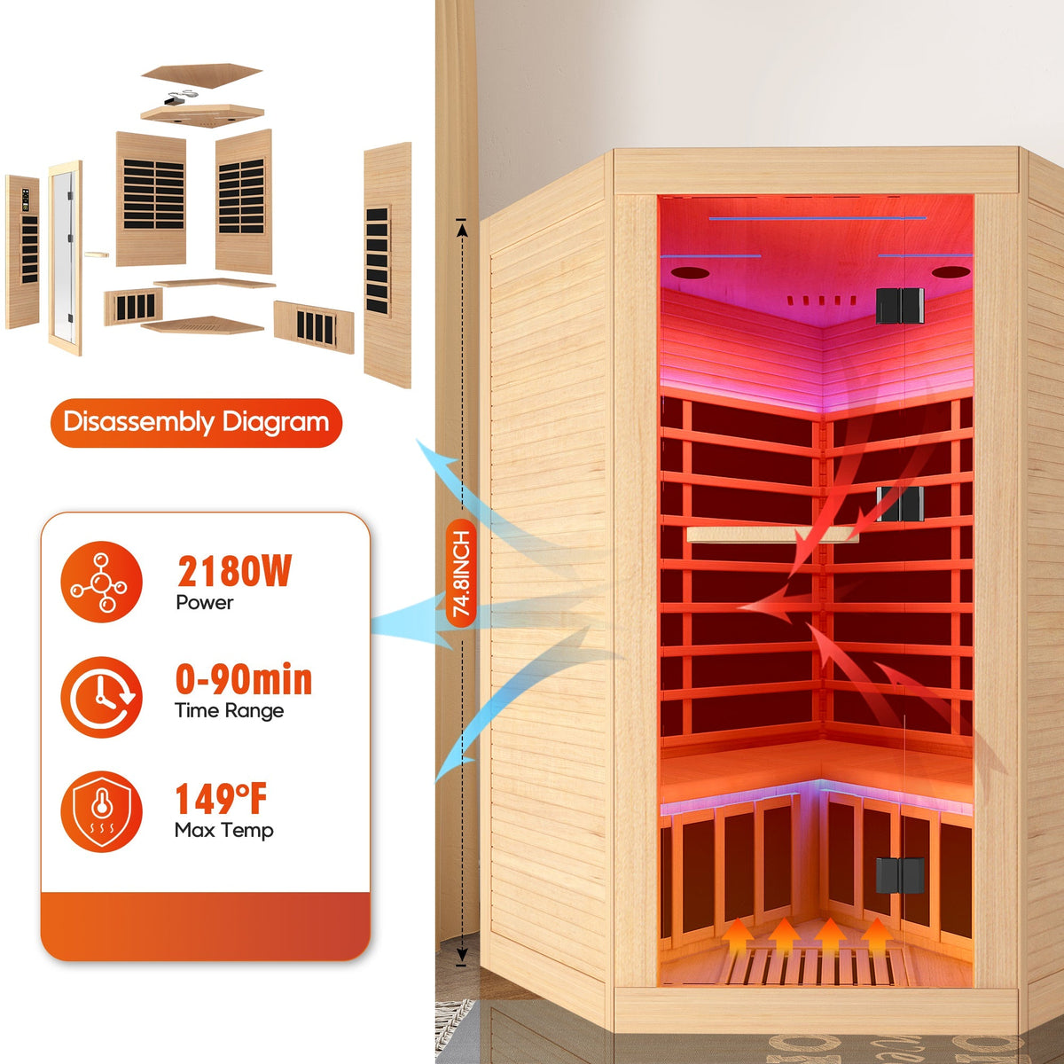 Canadian Hemlock Double Sauna with Bluetooth & LED Lights - Natural/Graphite
