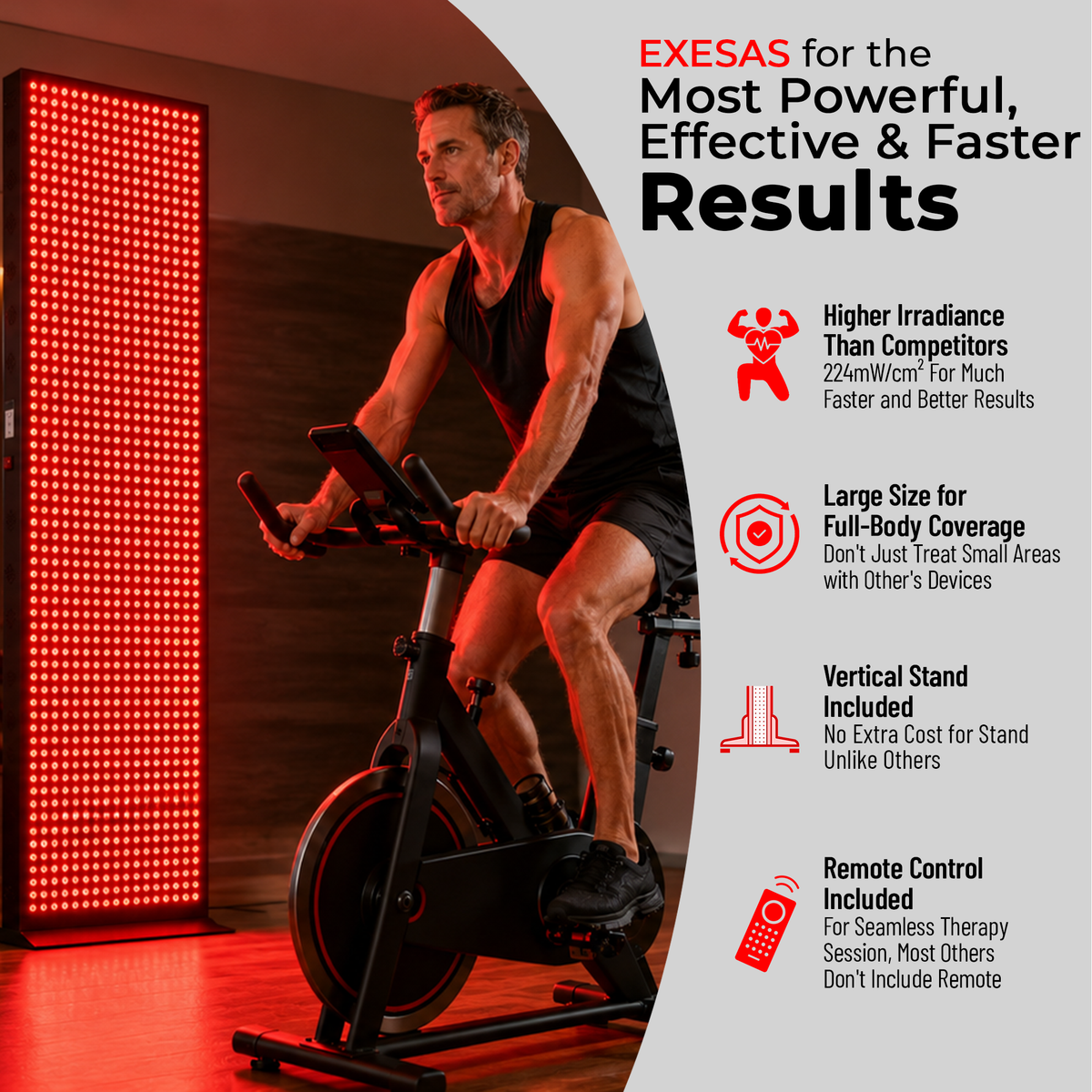 EXESAS 1216 LED Red and Near-Infrared Light Panel, 4 Wavelengths 630/660/810/850 nm, Dual-Chip 5 W LEDs, 75 x 22 in. Full-Body Panel with Base Stand, Remote and Timer (1650 W)