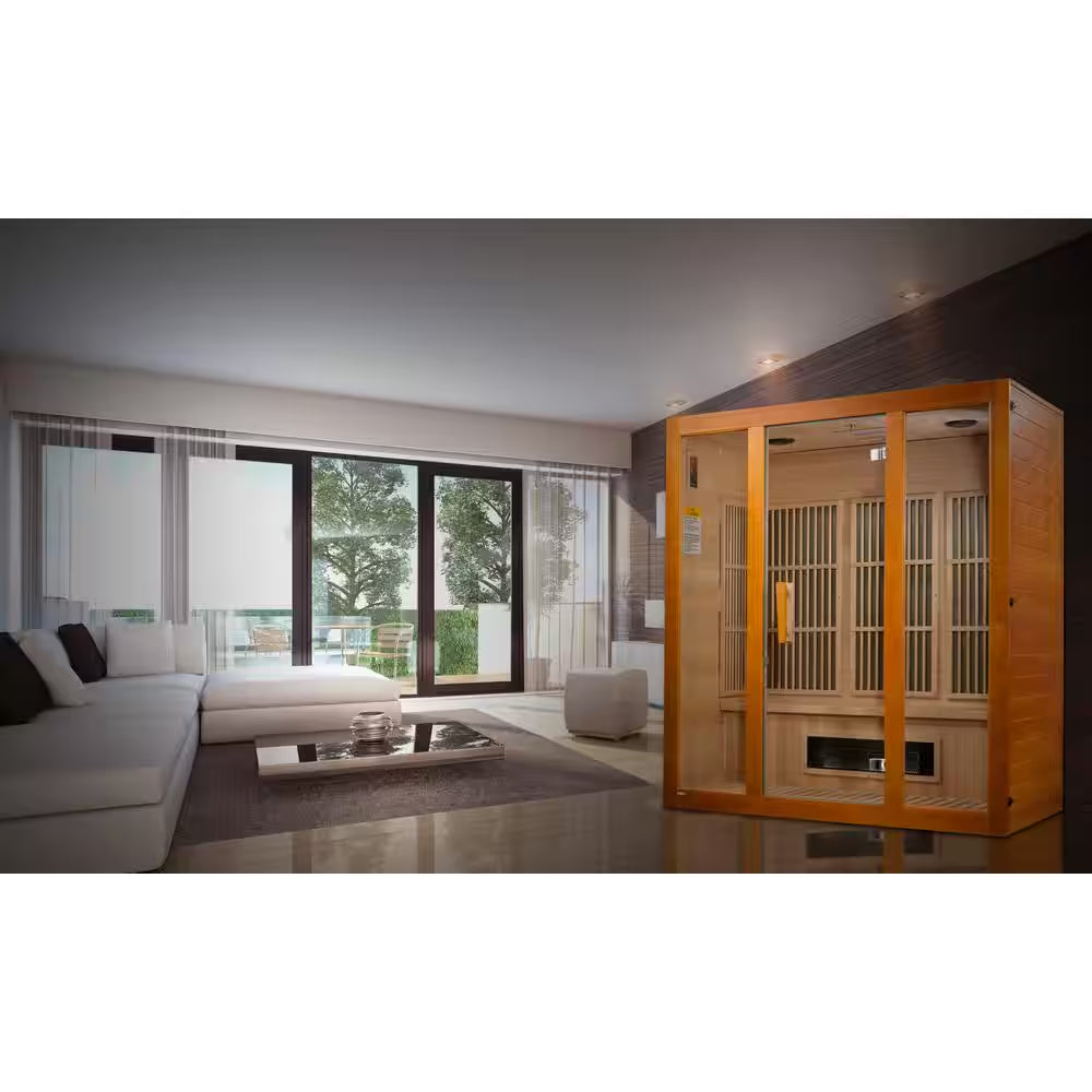 Alpine Upgraded 3 Person Infrared Sauna with 7 Dual Tech Infrared Heaters, Red Light and Chromotherapy and Sound System