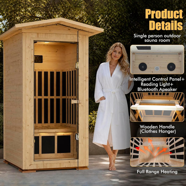 Outexer T-59C2 1-Person Outdoor Far Infrared Sauna, Finnish Spruce, 6 Low-EMF Carbon Heating Panels, 1550 W 120 V Plug-In, Bluetooth Speakers, Exterior Blue Light Strips, 35.4 x 35.4 x 81.1 in.