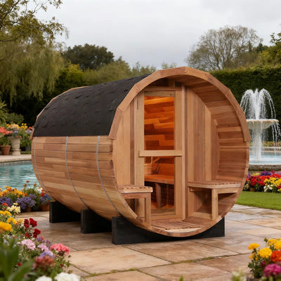 Anyi 4–6 Person Red Cedar Barrel Sauna with Front Porch – 1.8 m Diameter, Traditional Steam