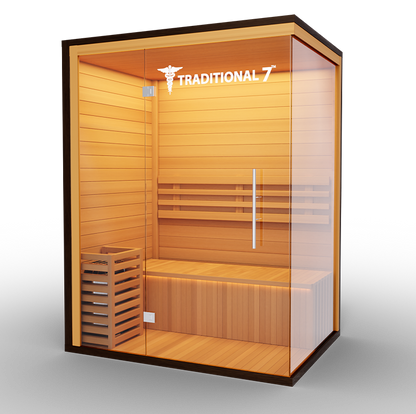 Medical Sauna Traditional 7 3-Person Indoor Steam Sauna, Canadian Hemlock with Two-Wall Glass Design, 4.5 kW Heater and LED Touch Controls