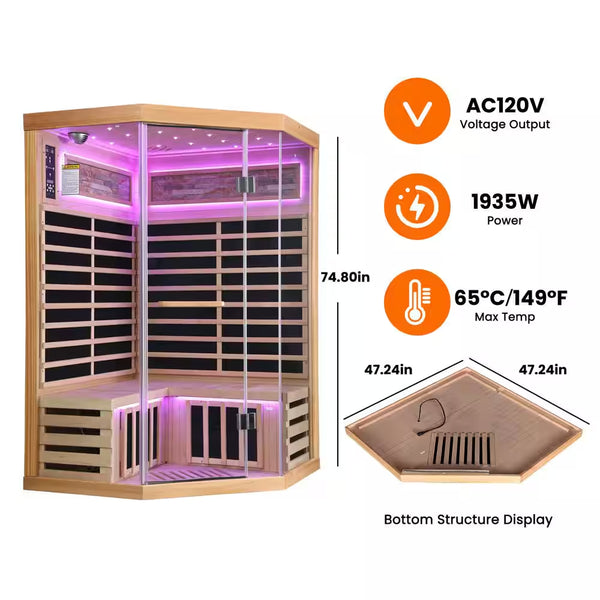 Moray 2-Person Pentagonal Indoor Infrared Sauna in Hemlock with 7 Far-Infrared Carbon Crystal Heaters & Glass Door