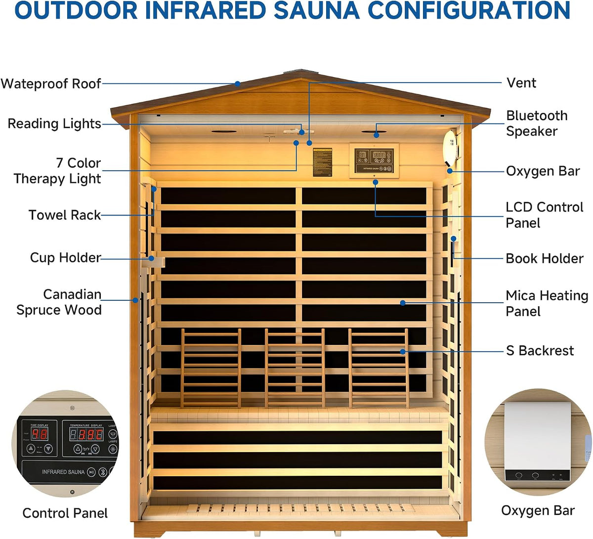 3 Person Outdoor Sauna, Low EMF Infrared Sauna, 7-Color Therapy