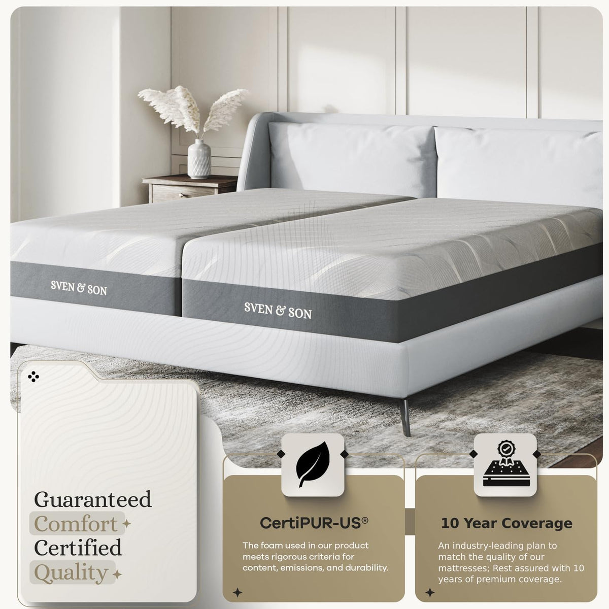 Sven & Son Hybrid Spring Mattress, Certipur-Us Certified Foam, Fiberglass-Free, Made in the USA, 14 Inch Medium Soft - Split King
