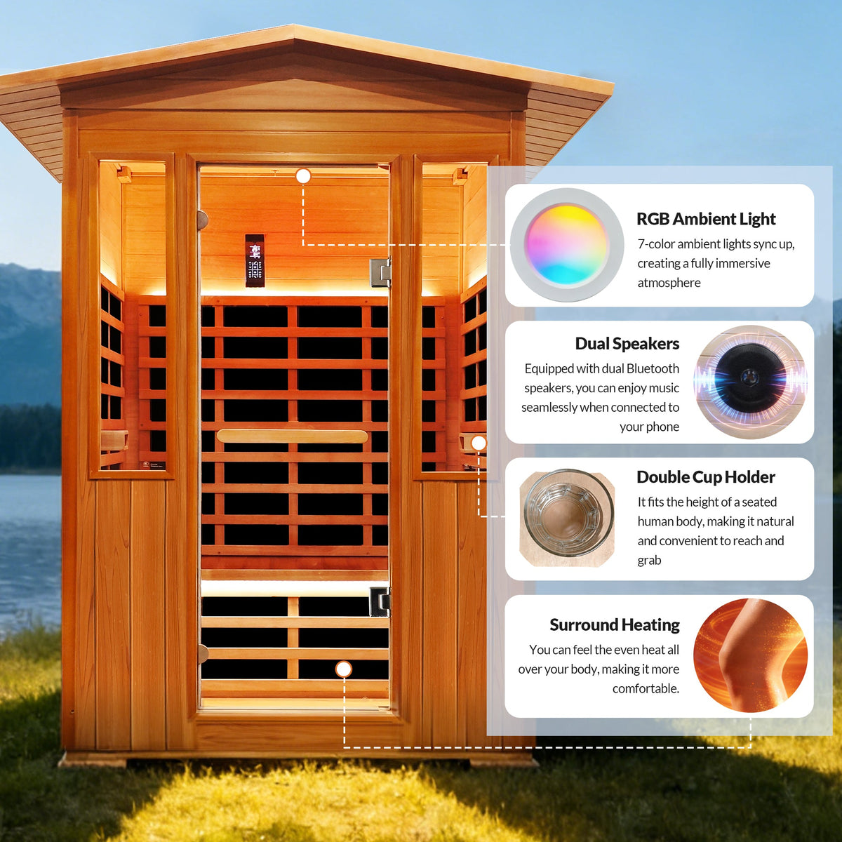 Outdoor Two-Person Far Infrared Sauna – Red Cedar Exterior, 9 Heating Panels, 2250 W