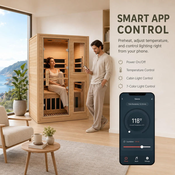 2-Person Far Infrared Sauna, Canadian Hemlock, 8 Low-EMF Heating Panels, 2000 W 110 V (20 A Circuit), Smart App Remote Control, Bluetooth Speakers, 7-Color Lighting