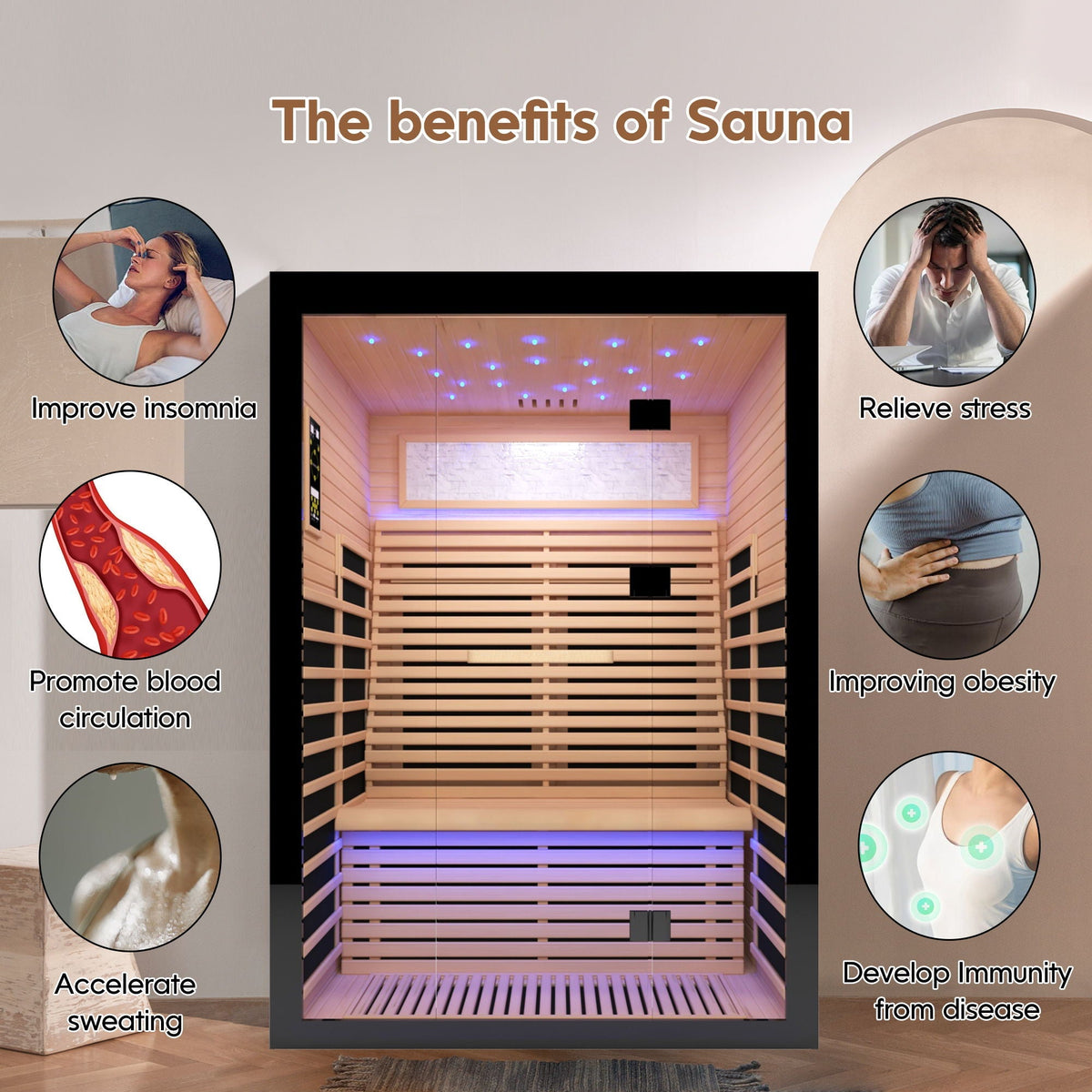Luxury Double Far Infrared Sauna Room With Epoxy Heating Plates And Starry Sky Lighting - Black / Natural