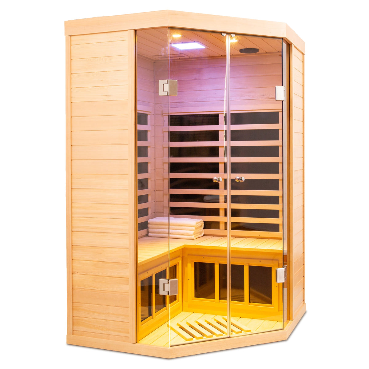 Home Furnishers 2-Person Deluxe Corner Far Infrared Sauna with 7 Heating Panels, Hemlock Wood