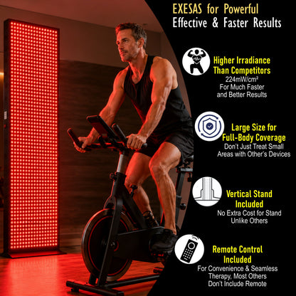 EXESAS 800 LED Red and Near-Infrared Light Panel, 4 Wavelengths 630/660/810/850 nm, Dual-Chip 5 W LEDs, 65 x 19 in. Full-Body Panel with Base Stand, Remote and Timer (1000 W)