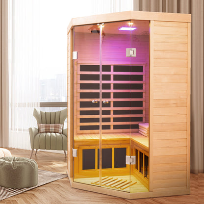 Home Furnishers 2-Person Deluxe Corner Far Infrared Sauna with 7 Heating Panels, Hemlock Wood