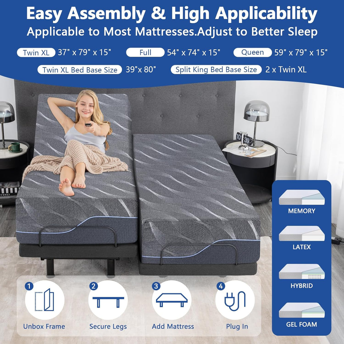 Full Adjustable Bed Frame with Massage, 14 Inch Grey Gel Memory Foam Medium-Firm Mattress in Box, Adjustable Bed Base with Thickened Foam Frame, Voice Control, Adjustable Legs, Smart Bed