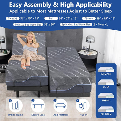 Full Adjustable Bed Frame with Massage, 14 Inch Grey Gel Memory Foam Medium-Firm Mattress in Box, Adjustable Bed Base with Thickened Foam Frame, Voice Control, Adjustable Legs, Smart Bed