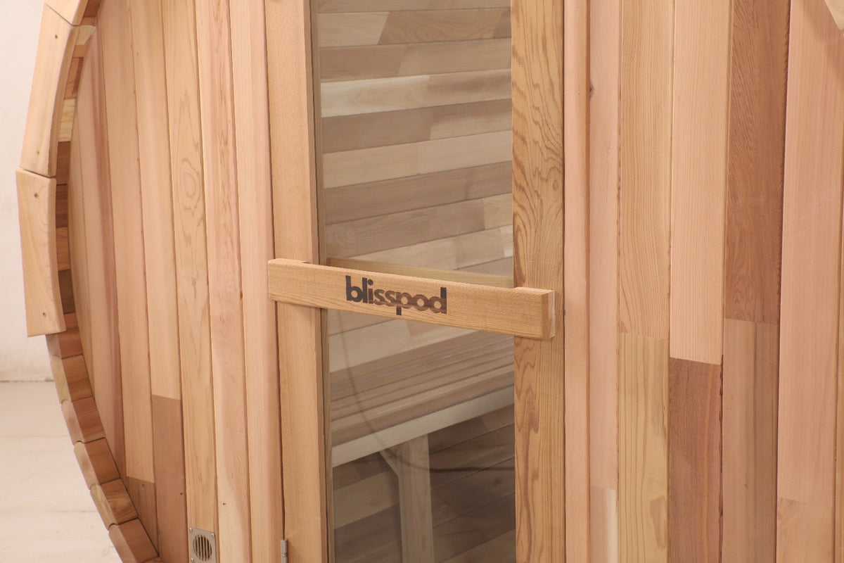 Blisspod Prague Canadian Red Cedar Outdoor Steam Barrel Sauna with Full Glass Back, Front Porch Seating and 6 kW Toule Heater, 70.87 in. Diameter