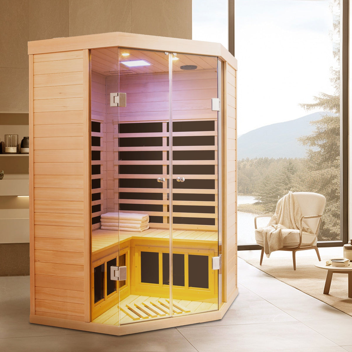 Home Furnishers 2-Person Deluxe Corner Far Infrared Sauna with 7 Heating Panels, Hemlock Wood