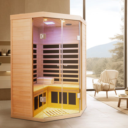 Home Furnishers 2-Person Deluxe Corner Far Infrared Sauna with 7 Heating Panels, Hemlock Wood