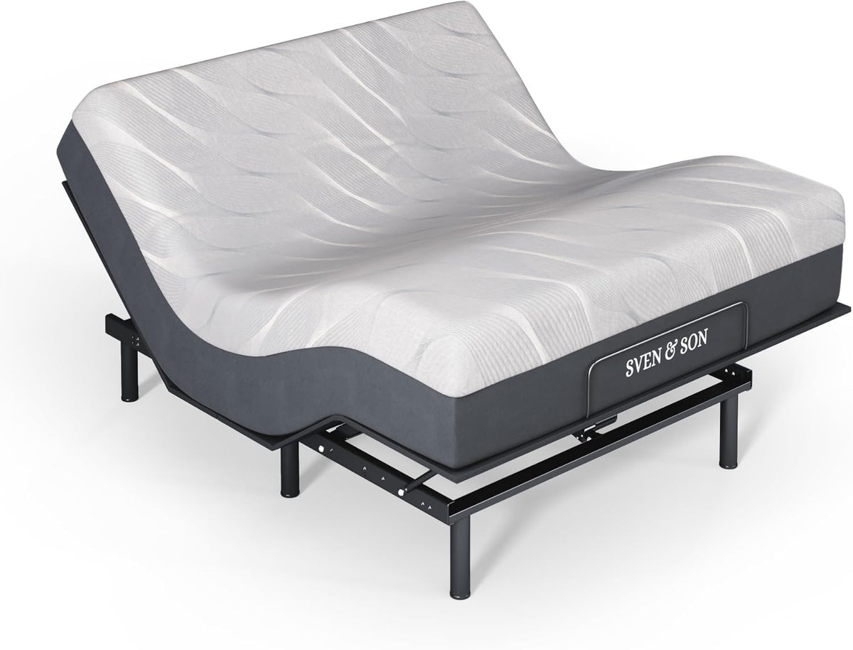 Sven and Son Essential Adjustable Bed Base (Frame) + 14 Inch Hybrid Spring Matt (Medium Soft), Easy Assembly, Head and Foot Lift, Memory Positions, Zero Gravity, Wireless Remote - Queen
