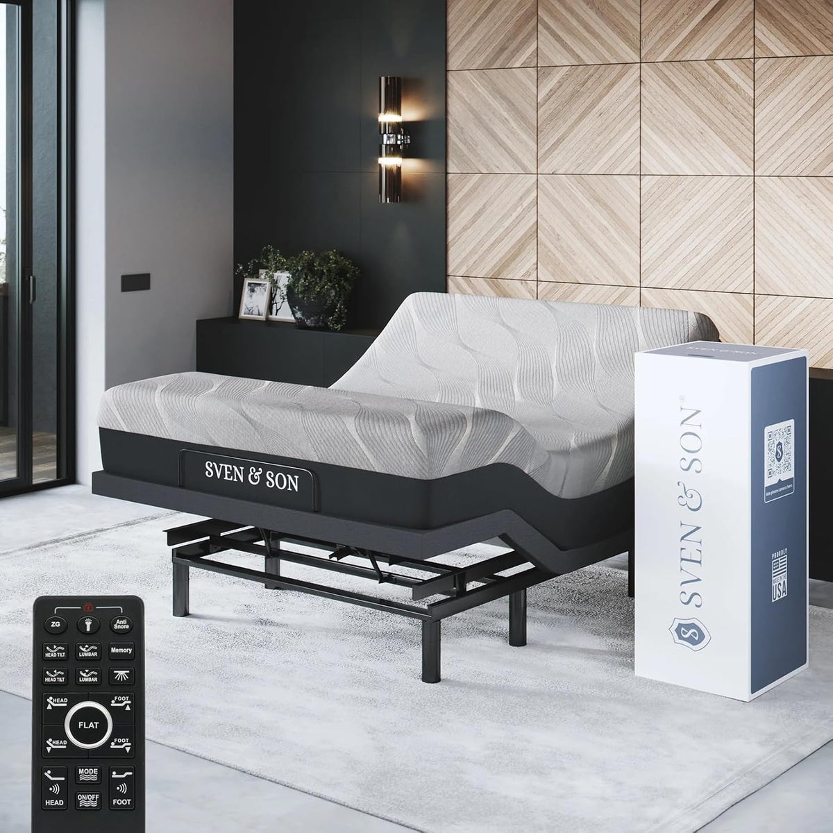 Sven & Son Bliss Adjustable Bed Base Frame + 14 Inch Hybrid Spring Matt (Medium Soft), Head and Foot Lift, Lumbar, Pillow-Tilt, Massage, Under-Bed Lights, USB, Memory, Zero Gravity - Queen