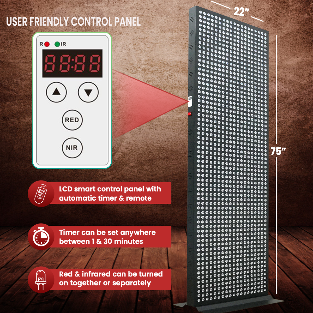 EXESAS 1216 LED Red and Near-Infrared Light Panel, 4 Wavelengths 630/660/810/850 nm, Dual-Chip 5 W LEDs, 75 x 22 in. Full-Body Panel with Base Stand, Remote and Timer (1650 W)