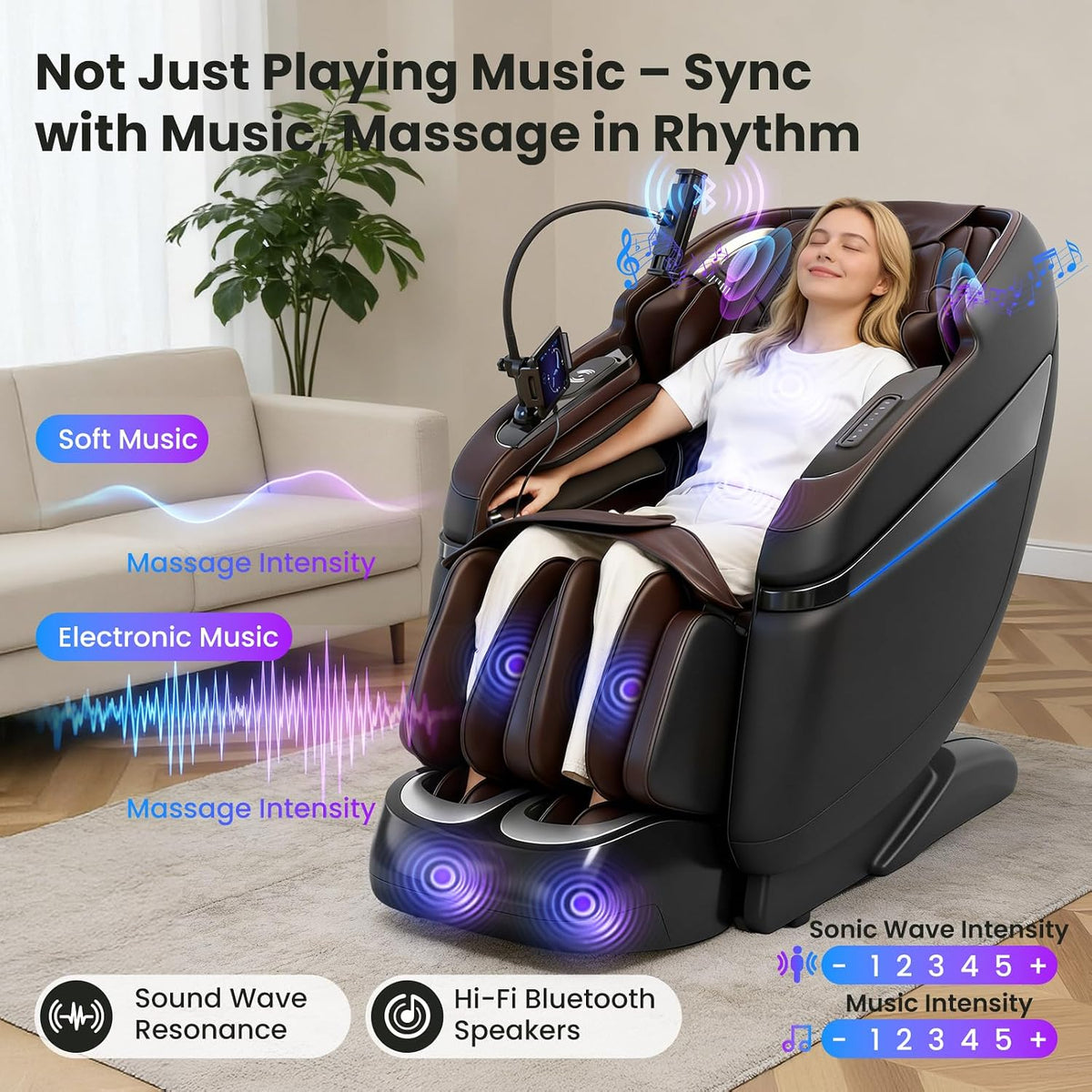 4D Music Rhythm Massage Chair Full Body, 2026 Unique Sonic Resonance Zero Gravity Sl-Track Shiatsu Recliner with Knee Heating Blanket AI Voice Bluetooth Foot Roller Body Scan Airbags G9 Black