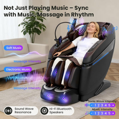 4D Music Rhythm Massage Chair Full Body, 2026 Unique Sonic Resonance Zero Gravity Sl-Track Shiatsu Recliner with Knee Heating Blanket AI Voice Bluetooth Foot Roller Body Scan Airbags G9 Black