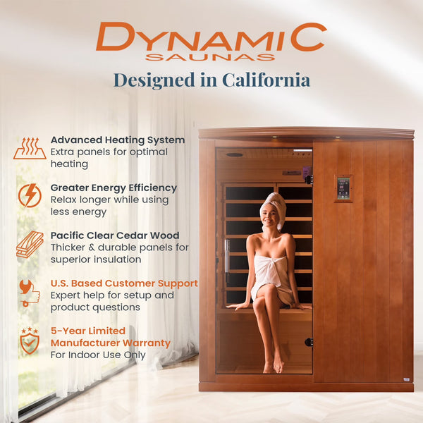 Dynamic Saunas Madrid Limited Elite 3-Person Far Infrared Sauna, Canadian Hemlock, 7 PureTech Ultra Low EMF Carbon Heaters with Floor Panel, Red Light and Chromotherapy Lighting, Bluetooth Speakers, Removable Bench, 61 x 42 x 74 in. (DYN-6310-04)