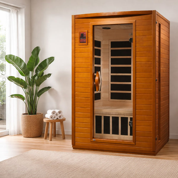 Dynamic Saunas Andora 2-Person Low-EMF Far Infrared Sauna with 6 Carbon Heaters, Canadian Hemlock