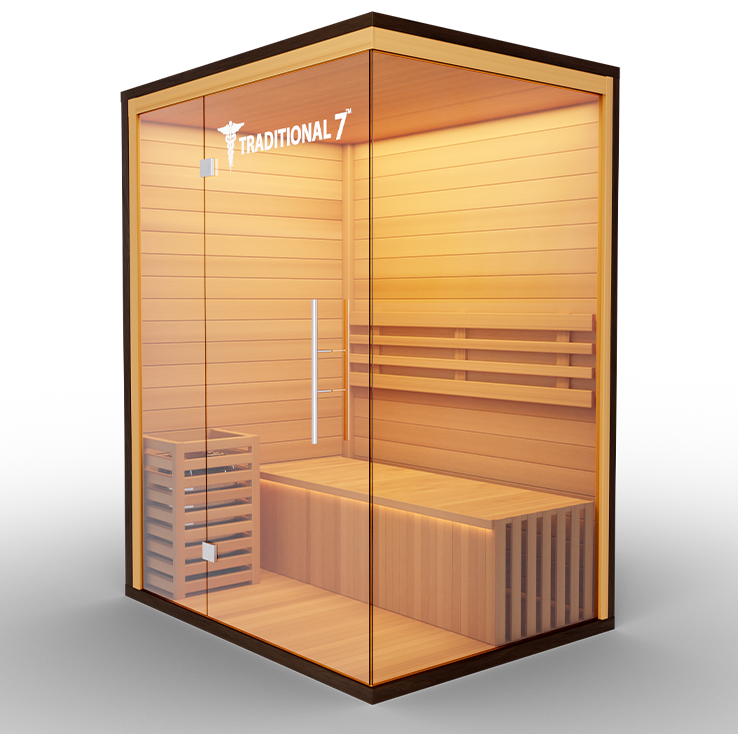 Medical Sauna Traditional 7 3-Person Indoor Steam Sauna, Canadian Hemlock with Two-Wall Glass Design, 4.5 kW Heater and LED Touch Controls