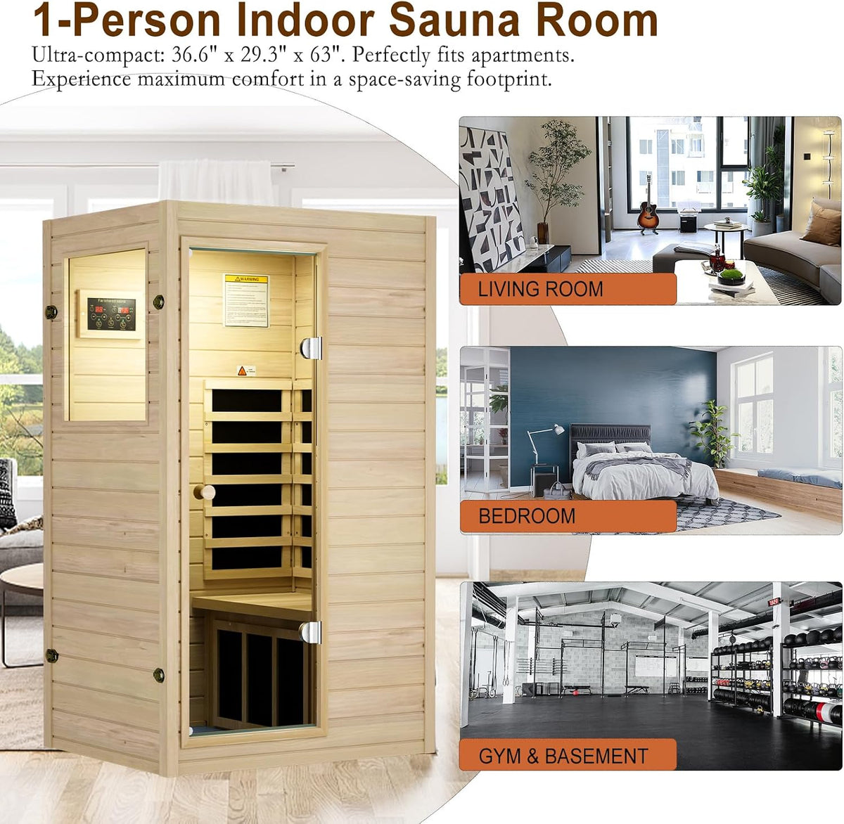 1 Person Sauna, Low EMF Far Infrared Indoor Dry Sauna Room, 905W