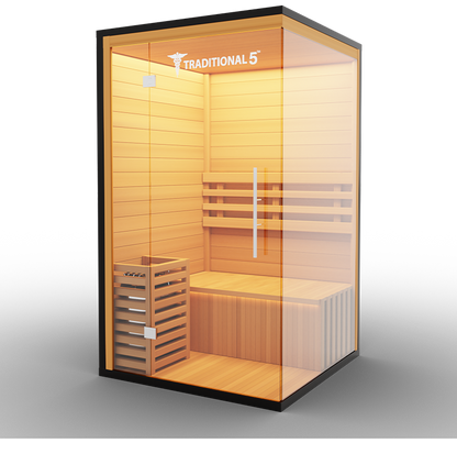 Medical Sauna Traditional 5 1-Person Indoor Steam Sauna, Canadian Hemlock with Two-Wall Glass Design, 4.5 kW Heater and Digital Touch Controls
