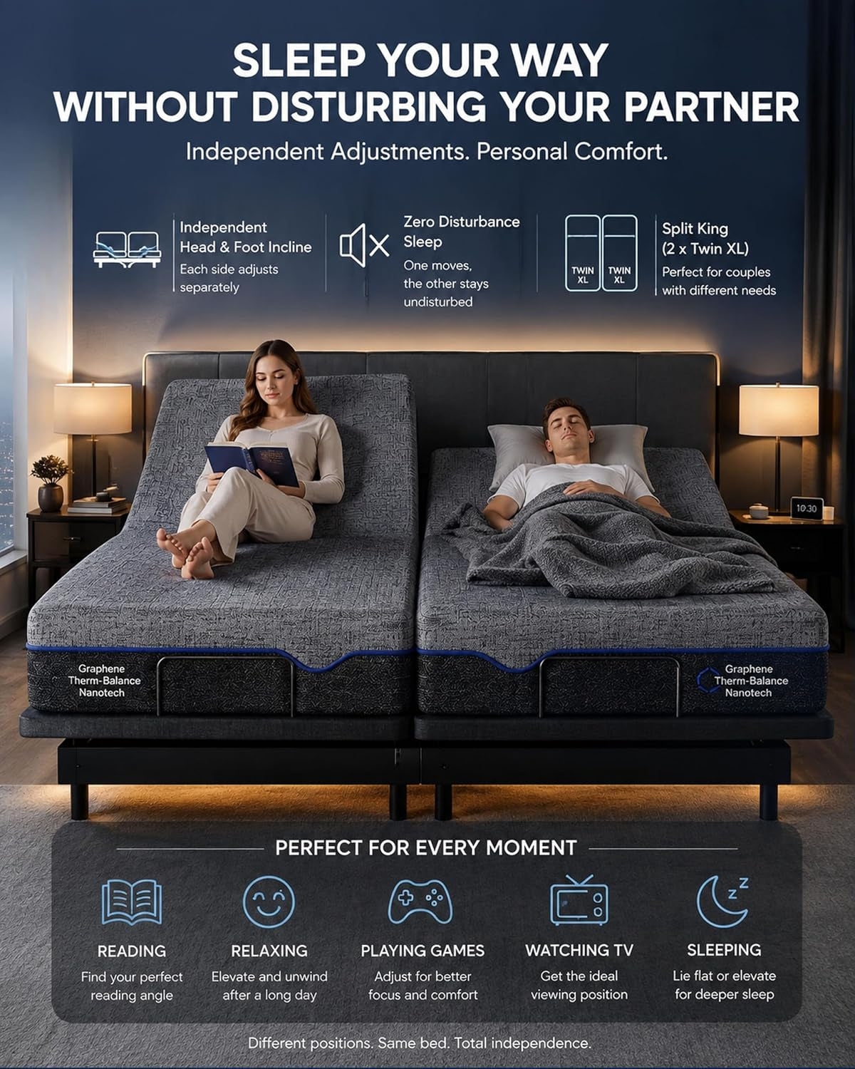NS0 Full Adjustable Bed Base - Smart Dual Motor Bed Frame with Wireless Remote, 3-Min Assembly, Zero Gravity & Anti-Snore Modes, under Bed Lighting, 4 USB Ports