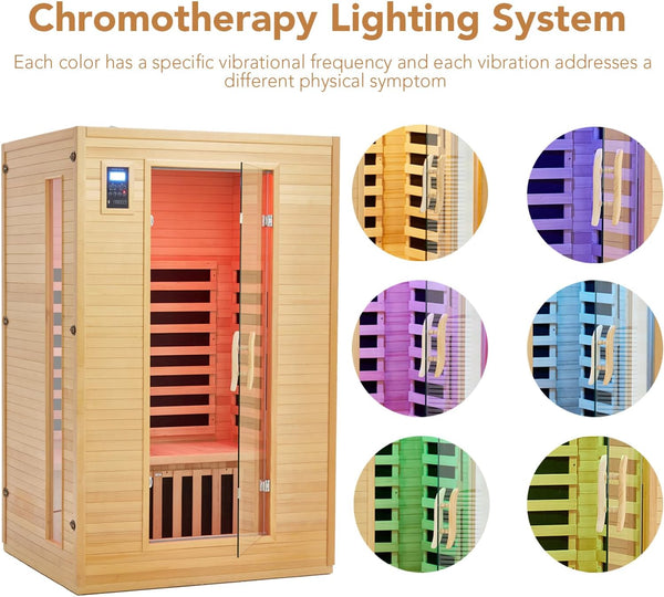 Garvee G-Sauna-2 2-Person Far Infrared Sauna, Canadian Hemlock, 6 Low-EMF Carbon Heaters, 1900 W, Dual LCD Control Panels, Bluetooth Speakers, Chromotherapy Lighting, Oxygen Ionizer, 47.2 x 41.3 x 75 in.