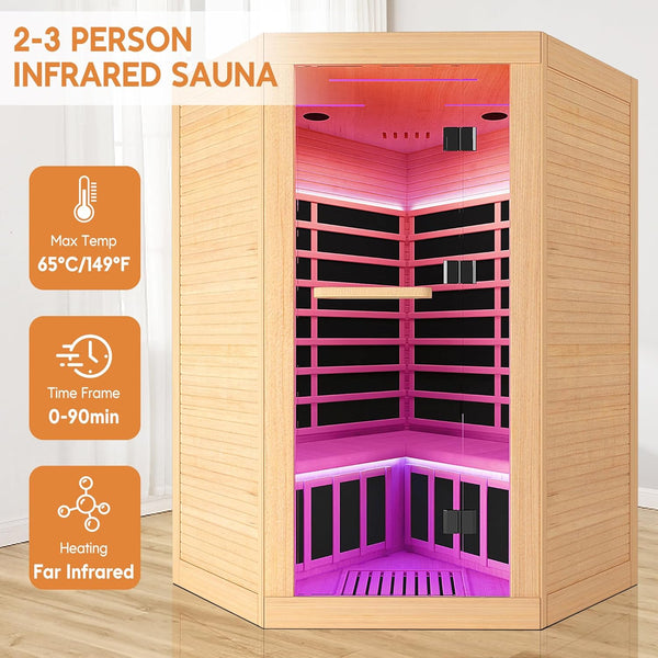 OUTEXER 2-3 Person Corner Far Infrared Sauna, Canadian Hemlock, 9 Low-EMF Carbon Heaters, 2180W 120V 20A