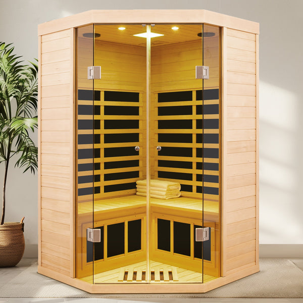 Home Furnishers 2-Person Deluxe Corner Far Infrared Sauna with 7 Heating Panels, Hemlock Wood