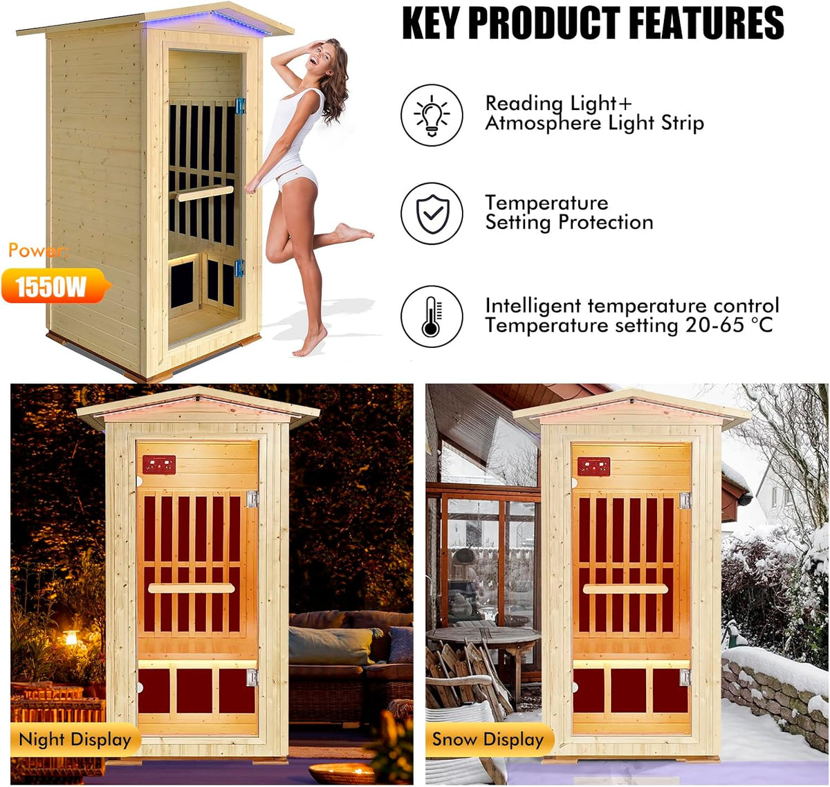Outdoor Sauna Far Infrared 1550W for One Person Finland Spruce Wood