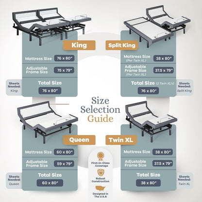 Sven & Son Bliss Adjustable Bed Base Frame Only, Head and Foot Lift, Lumbar Support, Head-Pillow-Tilt, Massage, Under-Bed Lights, USB, Memory Positions, Zero Gravity - Queen
