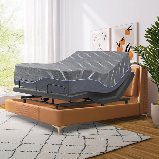 Full Adjustable Bed Frame with Massage, 14 Inch Grey Gel Memory Foam Medium-Firm Mattress in Box, Adjustable Bed Base with Thickened Foam Frame, Voice Control, Adjustable Legs, Smart Bed